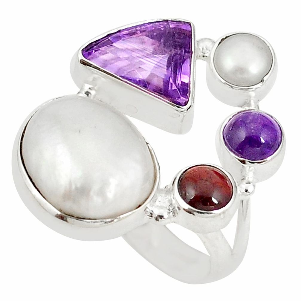 925 sterling silver natural white pearl red garnet ring jewelry size 6.5 d20959