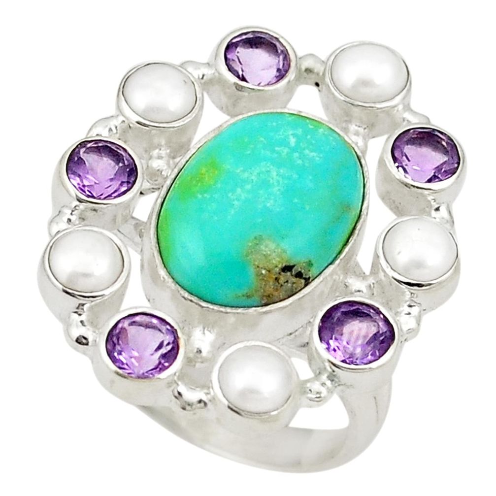 Blue arizona mohave turquoise amethyst pearl 925 silver ring size 7.5 d20962