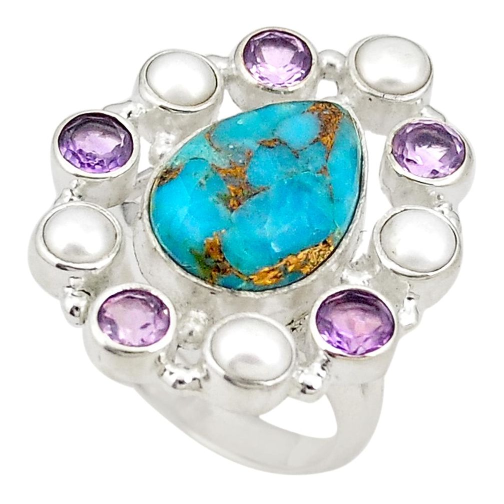 Blue copper turquoise amethyst pearl 925 sterling silver ring size 6.5 d20973