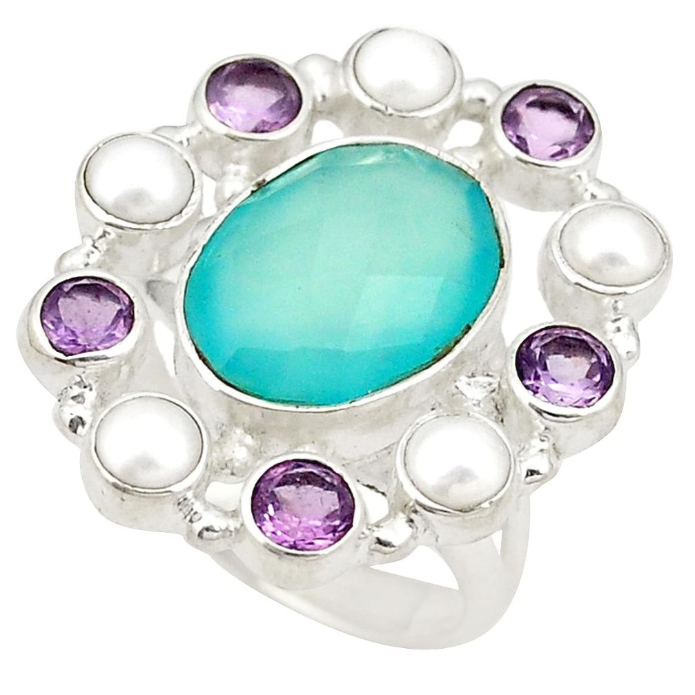 925 silver natural aqua chalcedony amethyst pearl ring size 7.5 d20976