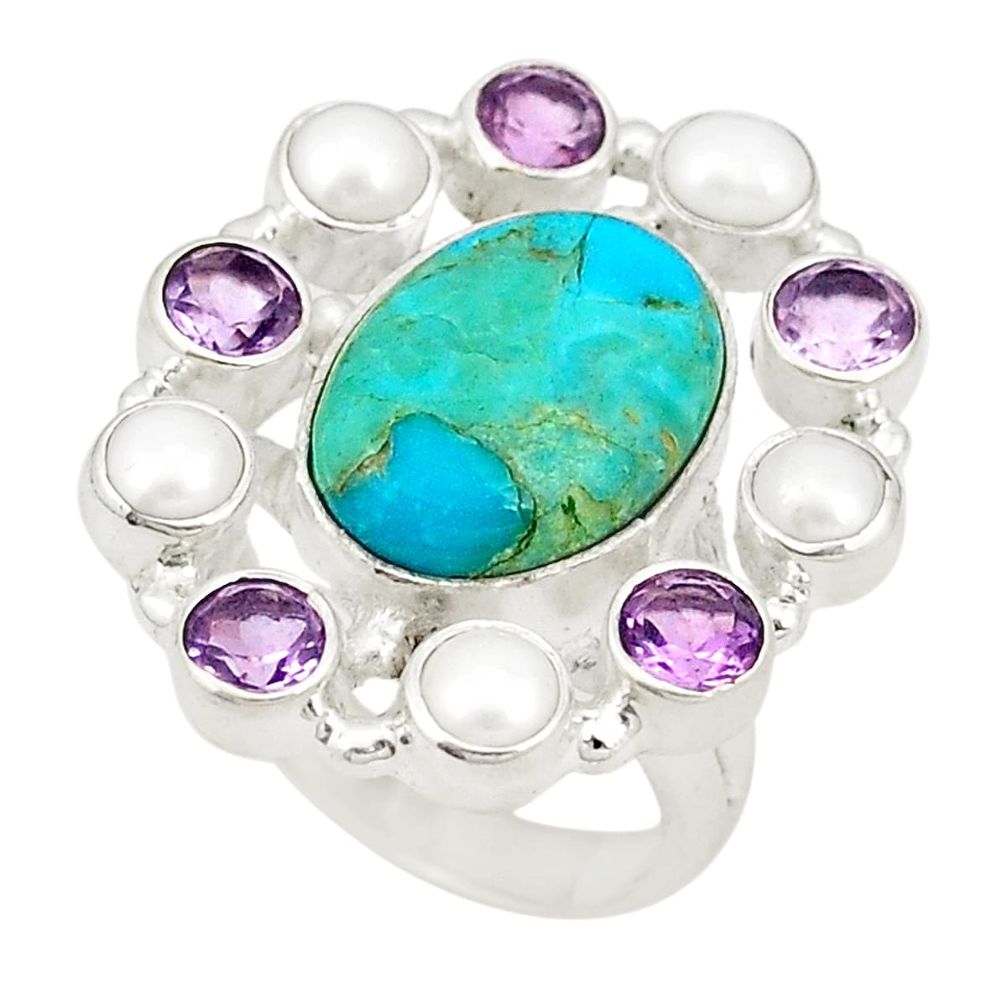 Blue arizona mohave turquoise amethyst pearl 925 silver ring size 6.5 d20977