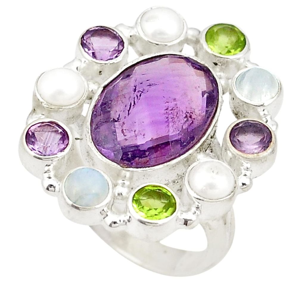 Natural purple amethyst moonstone pearl 925 sterling silver ring size 8 d20978