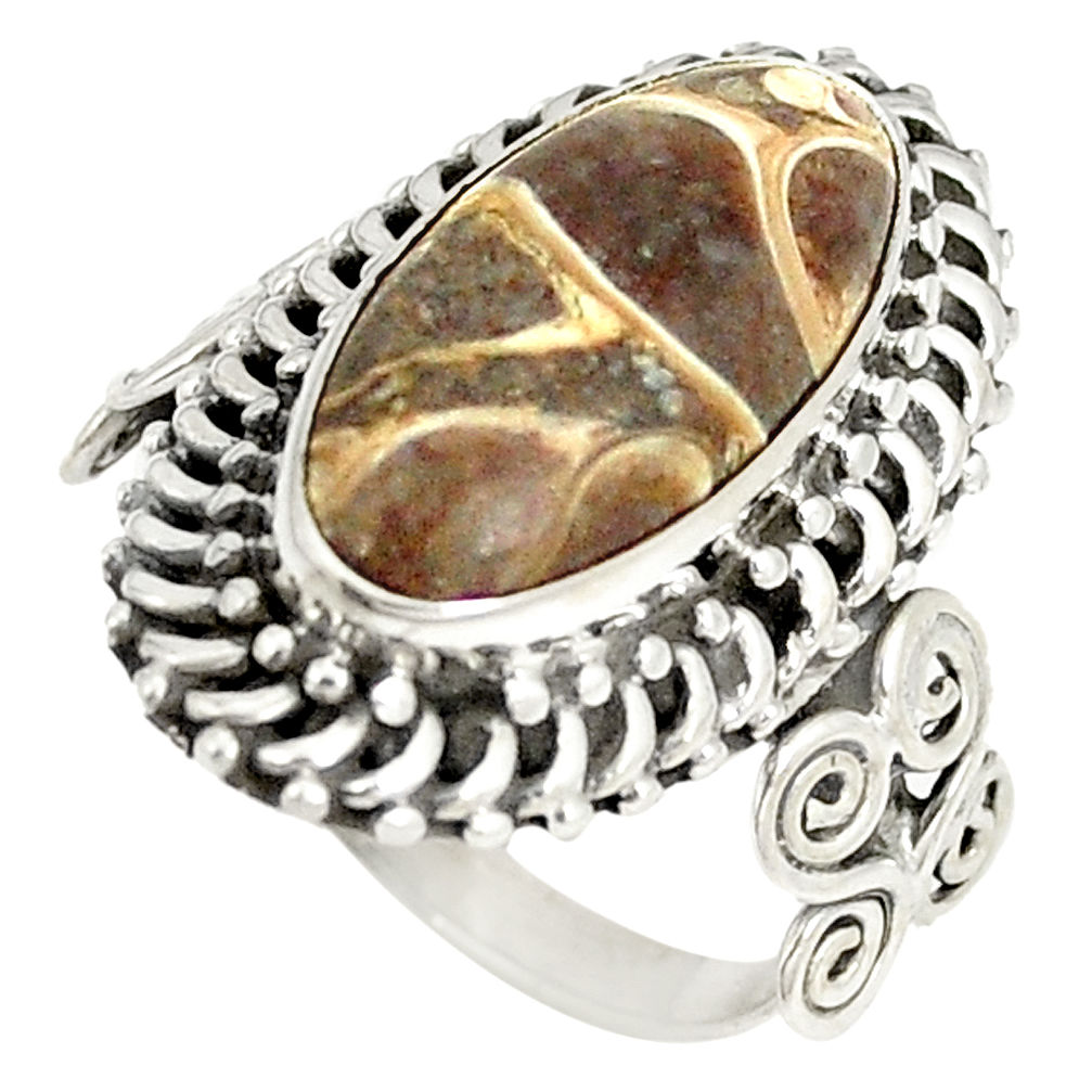 Natural brown turritella fossil snail agate 925 silver ring size 7 d22829