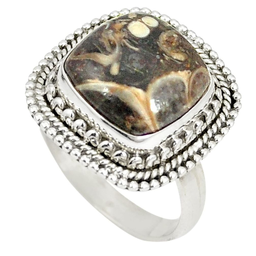 Natural brown turritella fossil snail agate 925 silver ring size 8.5 d22831