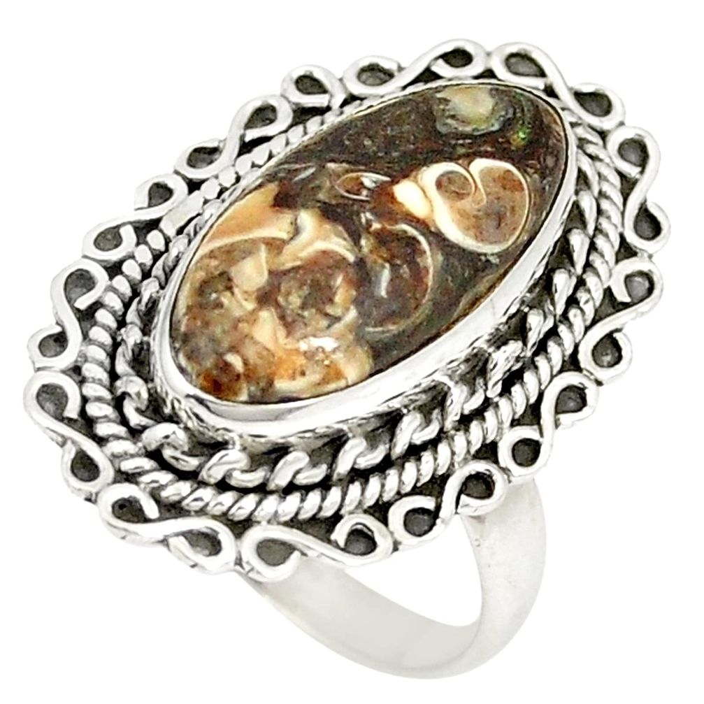 Natural brown turritella fossil snail agate 925 silver ring size 6.5 d22835