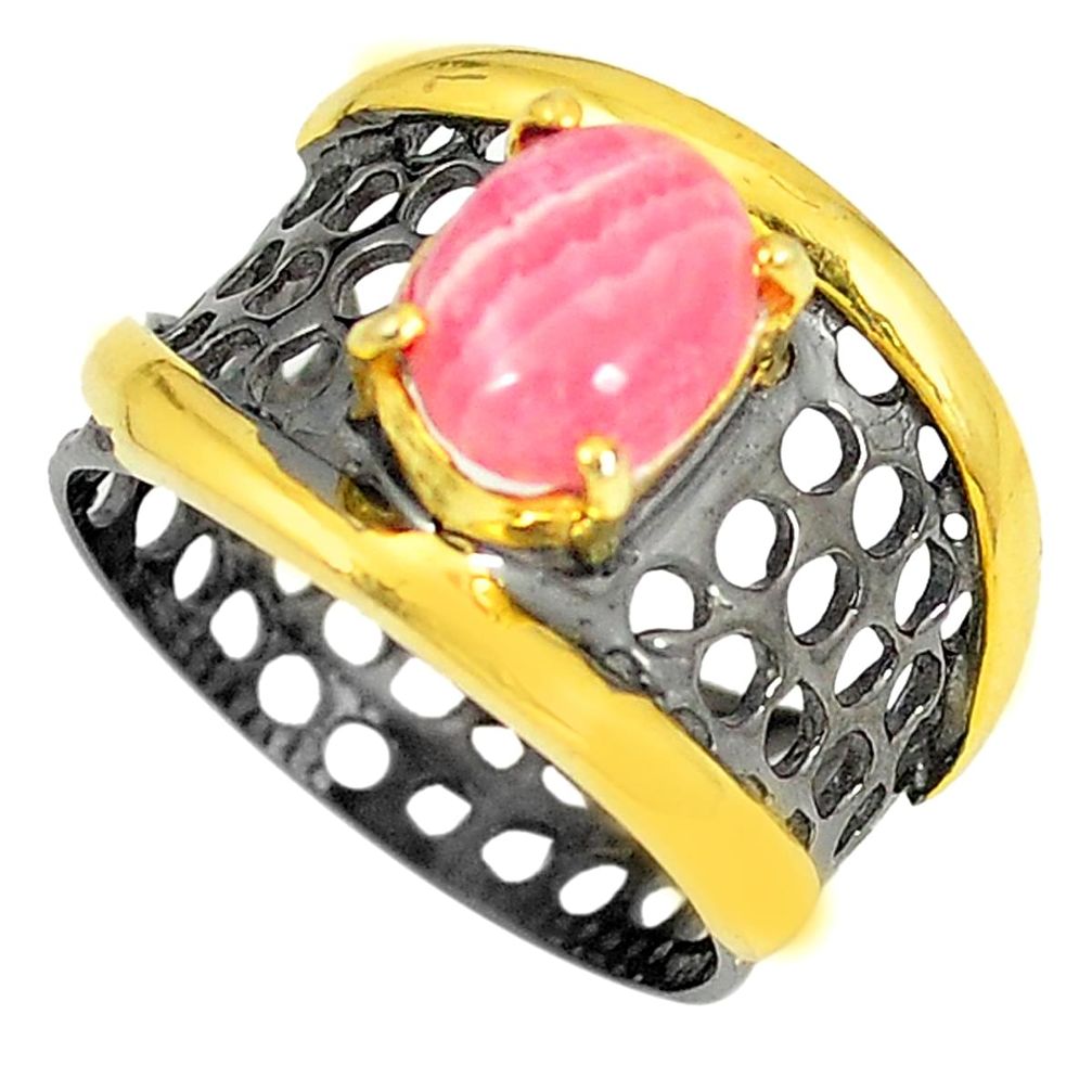 Natural pink rhodochrosite inca rose 925 silver 14k gold ring size 7.5 d23689