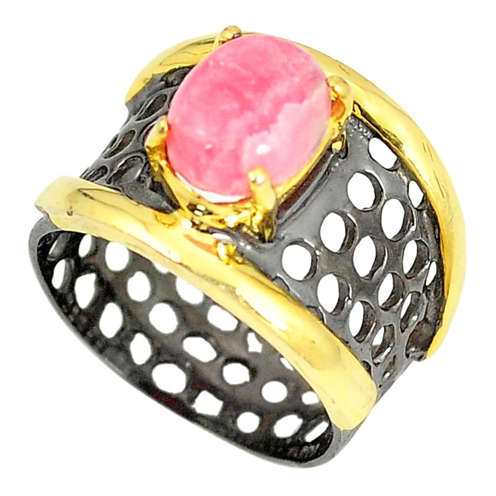 Natural pink rhodochrosite inca rose 925 silver 14k gold ring size 6.5 d23695