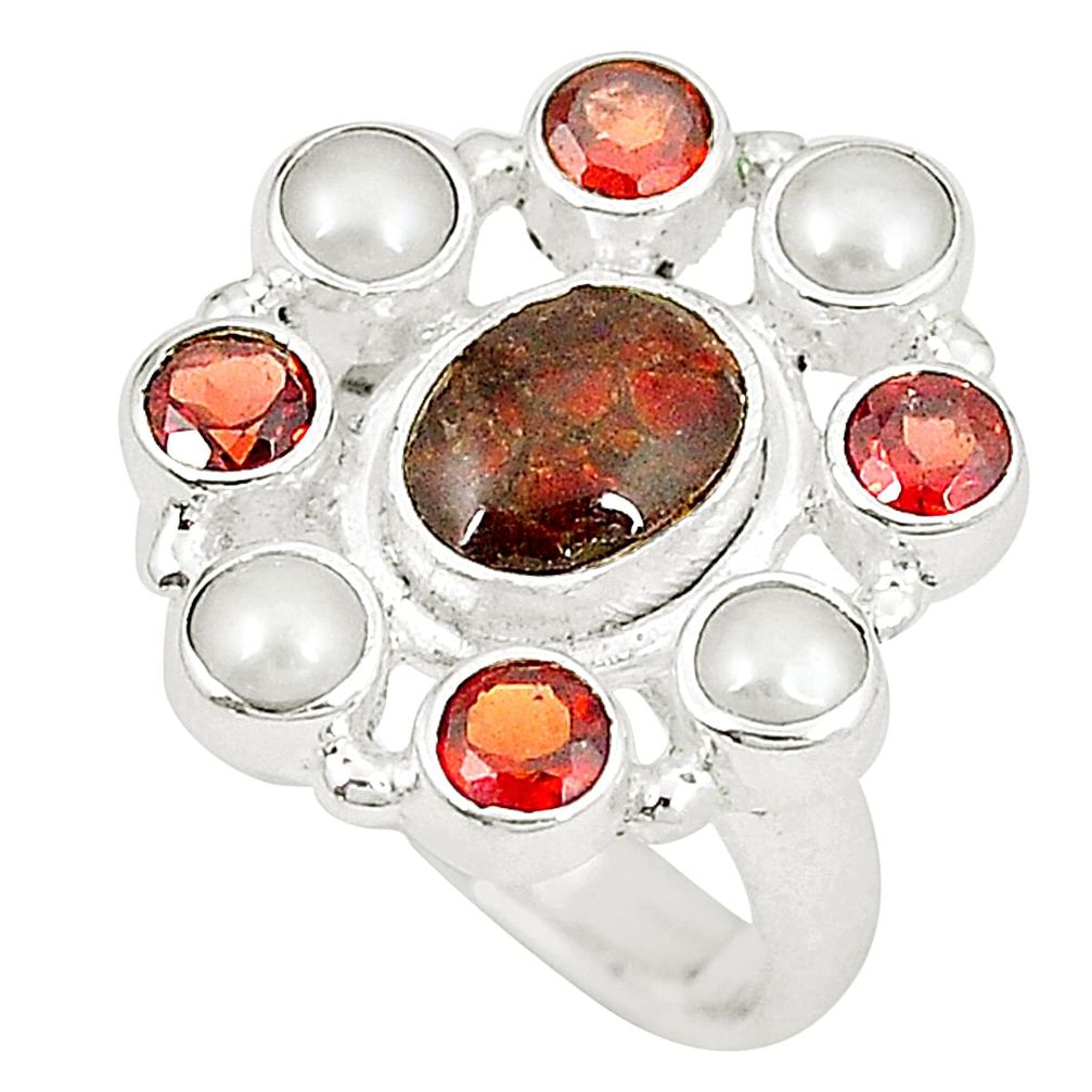 Natural multi color ammolite (canadian) pearl 925 silver ring size 6 d23766