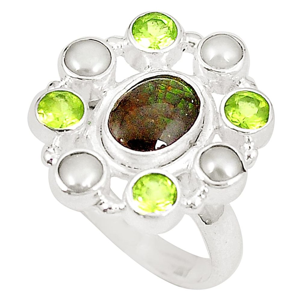 Natural multi color ammolite (canadian) pearl 925 silver ring size 7.5 d23771