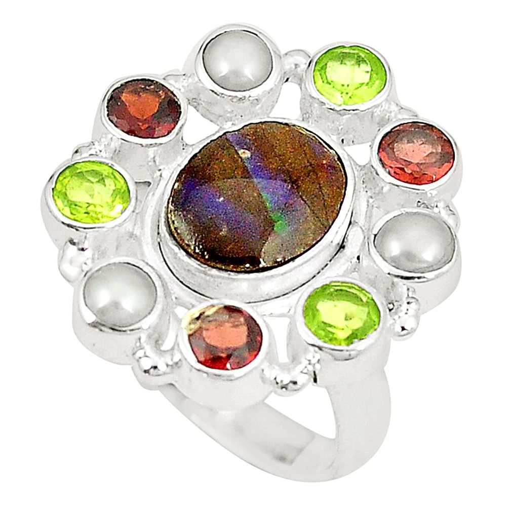 Natural multi color ammolite (canadian) peridot 925 silver ring size 8 d23772