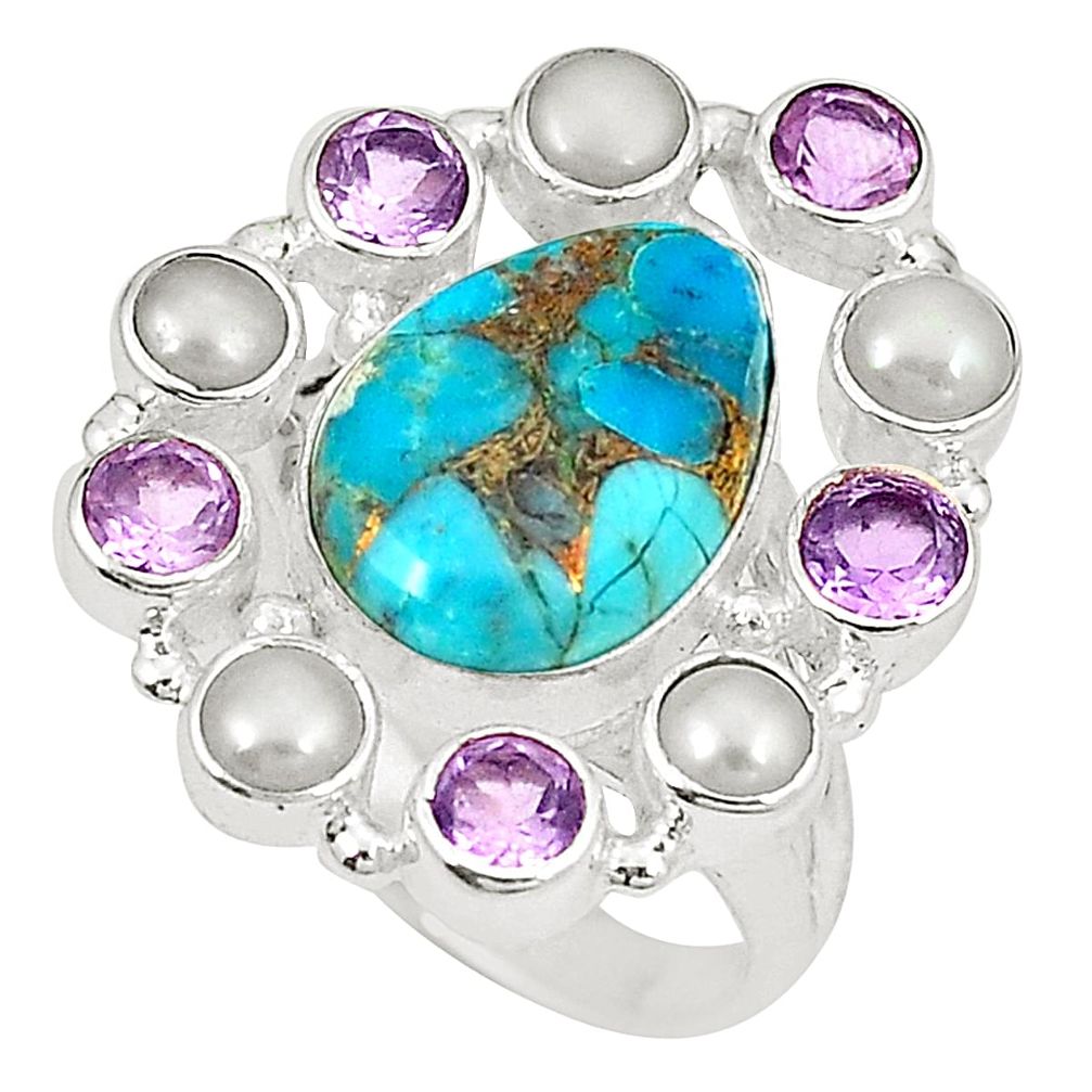 Blue copper turquoise amethyst pearl 925 sterling silver ring size 7.5 d23793