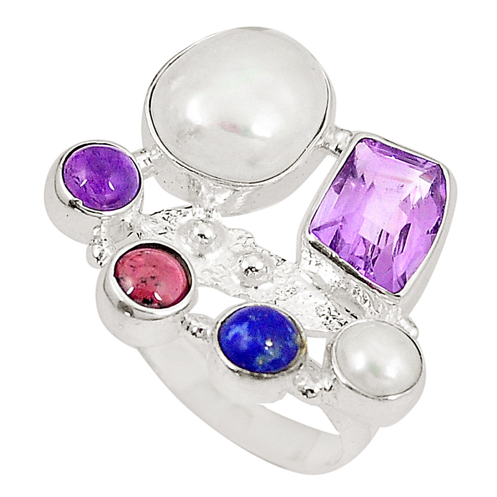 Natural white pearl amethyst 925 sterling silver ring size 7 d23842