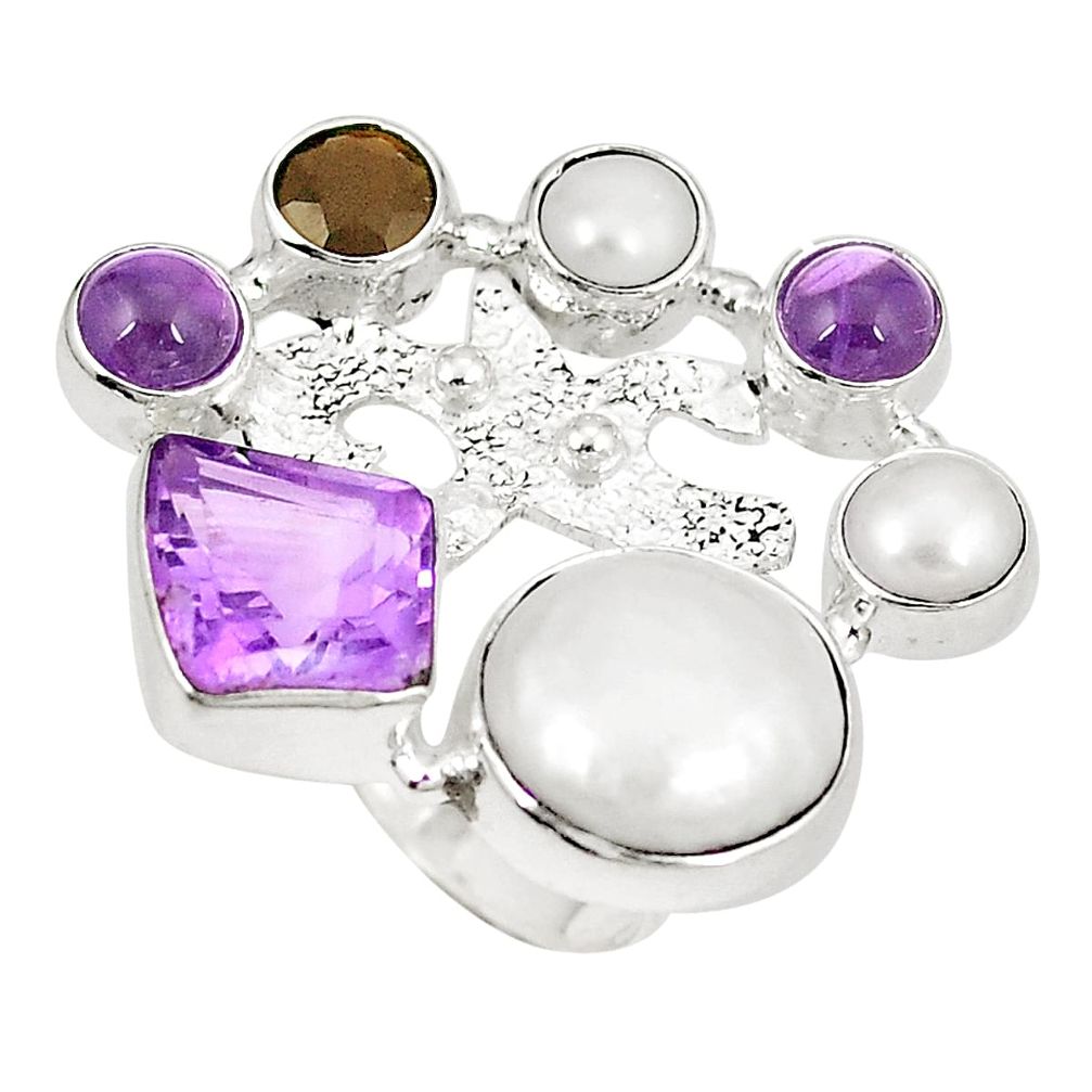 Natural white pearl amethyst 925 sterling silver ring size 6.5 d23850