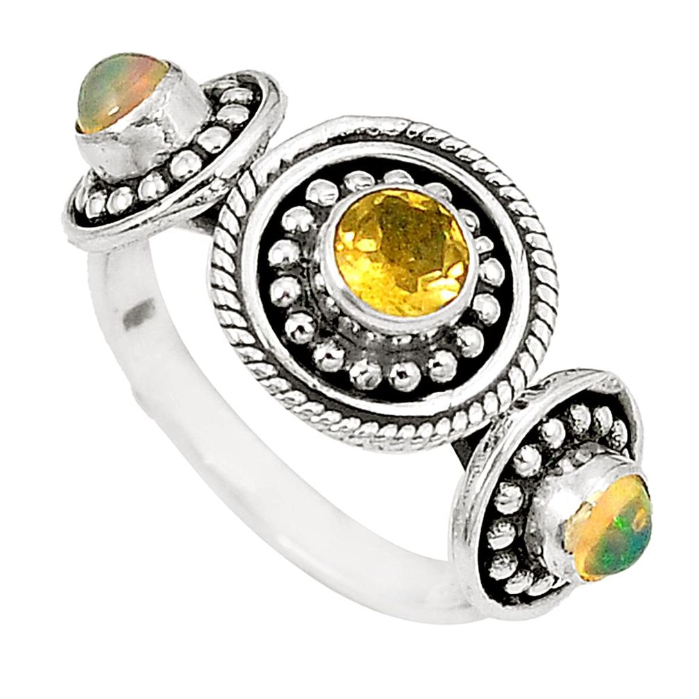 Natural yellow citrine ethiopian opal round 925 silver ring size 8 d23870