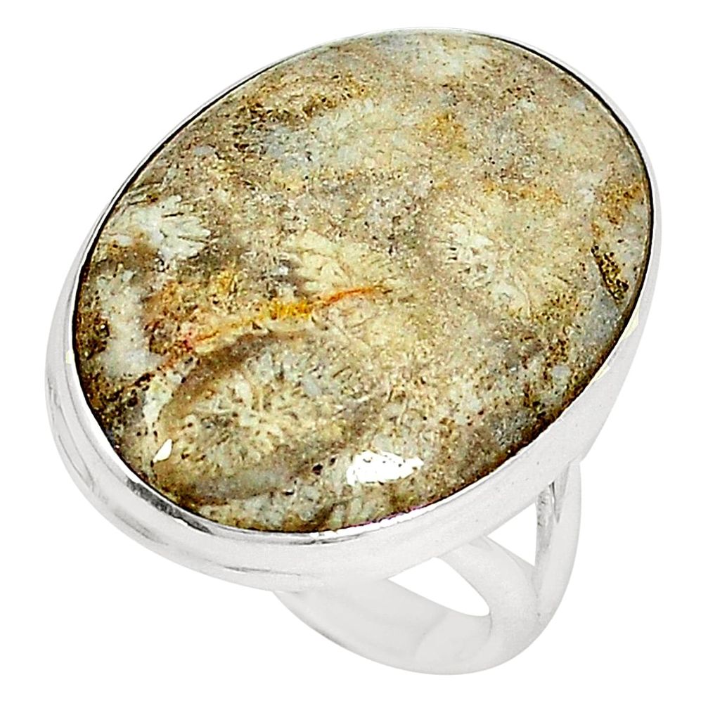 Natural fossil coral (agatized) petoskey stone 925 silver ring size 8.5 d23893