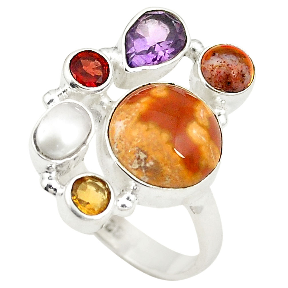 Natural multicolor ocean sea jasper (madagascar) 925 silver ring size 6.5 d24878