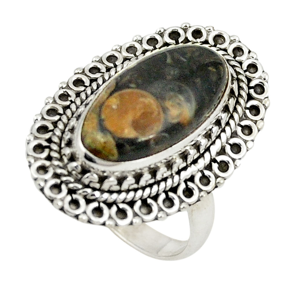 Natural brown turritella fossil snail agate 925 silver ring size 8 d24903