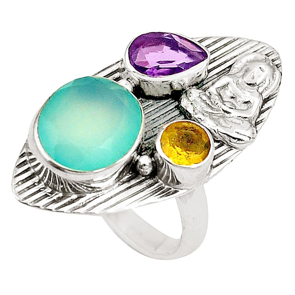 Natural aqua chalcedony 925 silver buddha meditation ring size 6.5 d24937