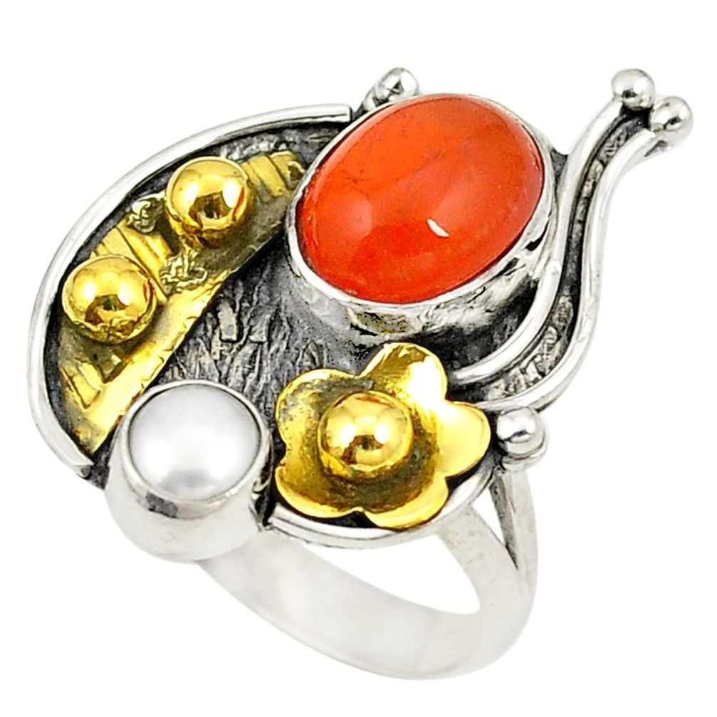 Natural orange cornelian (carnelian) 925 silver two tone ring size 7 d24948