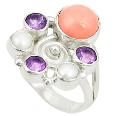 Natural pink opal amethyst pearl 925 sterling silver ring size 6.5 d24959