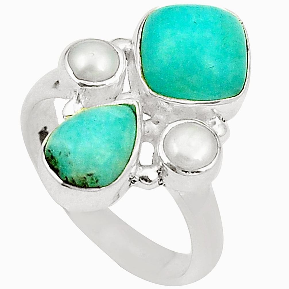 Natural green peruvian amazonite white pearl 925 silver ring size 6 d24964