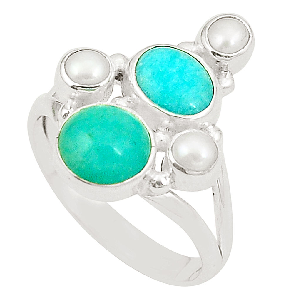 Natural green peruvian amazonite white pearl 925 silver ring size 8 d24969