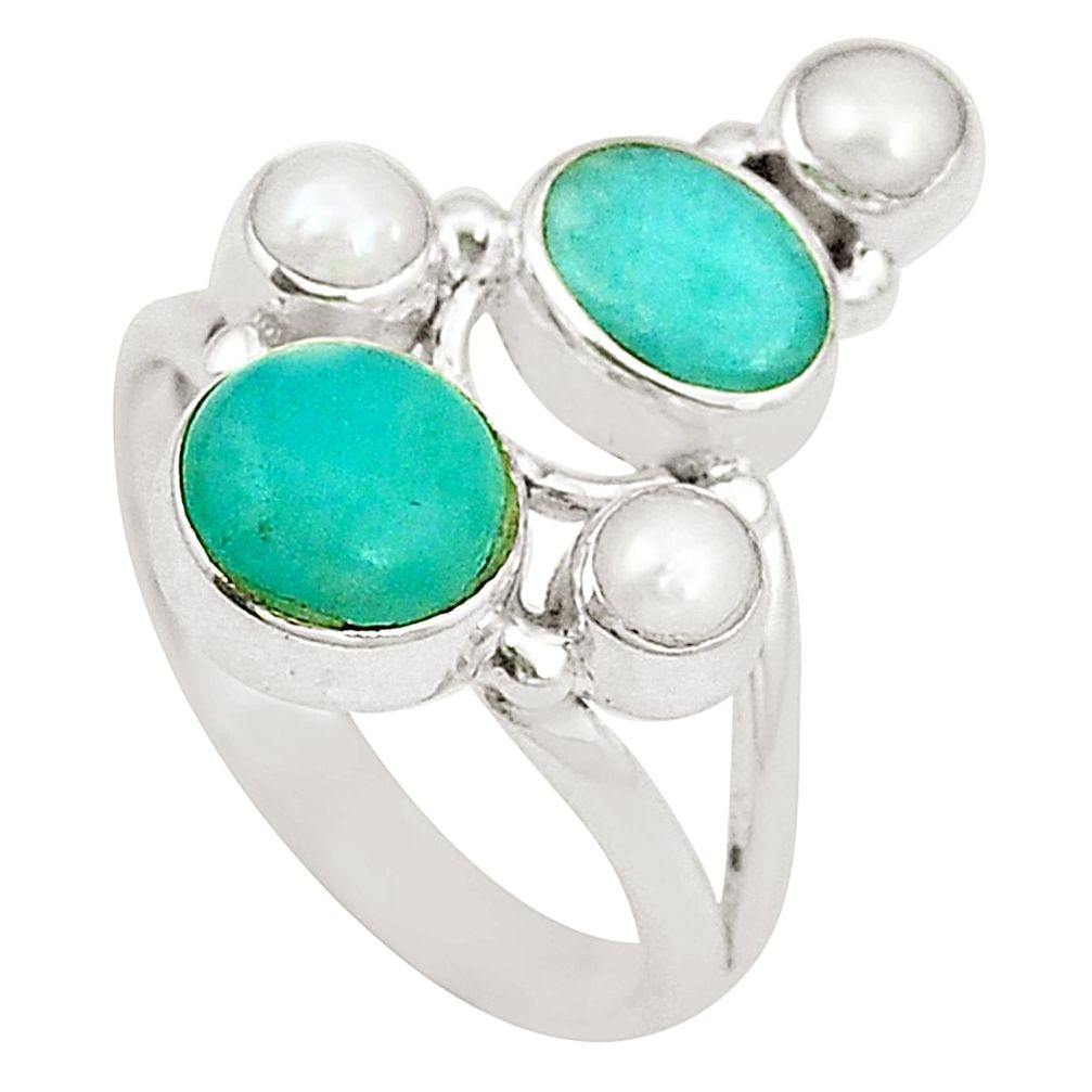 925 silver natural green peruvian amazonite white pearl ring size 8.5 d24979