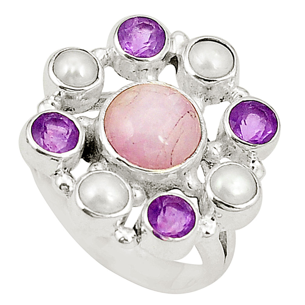 Natural pink kunzite amethyst pearl 925 sterling silver ring size 6.5 d24980