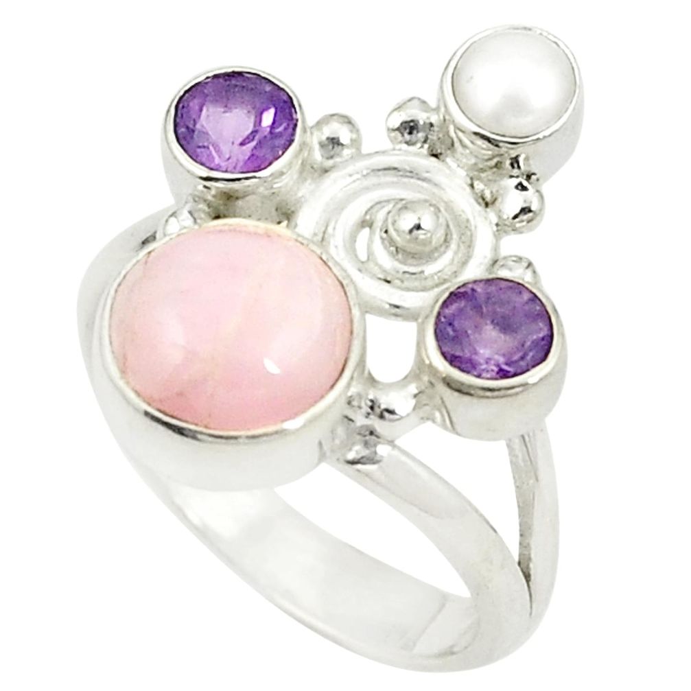 Natural pink kunzite amethyst pearl 925 sterling silver ring size 6 d24990