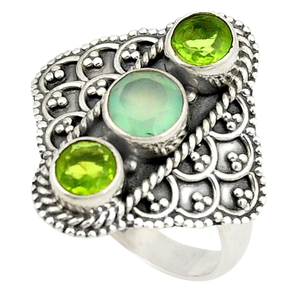 Natural aqua chalcedony peridot 925 sterling silver ring size 7.5 d25074