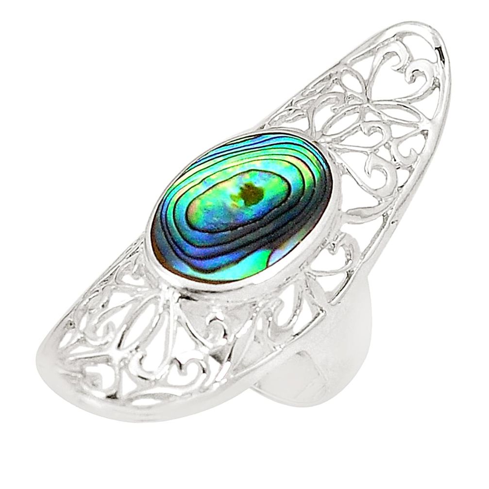 Natural green abalone paua seashell 925 silver ring size 6.5 d25781