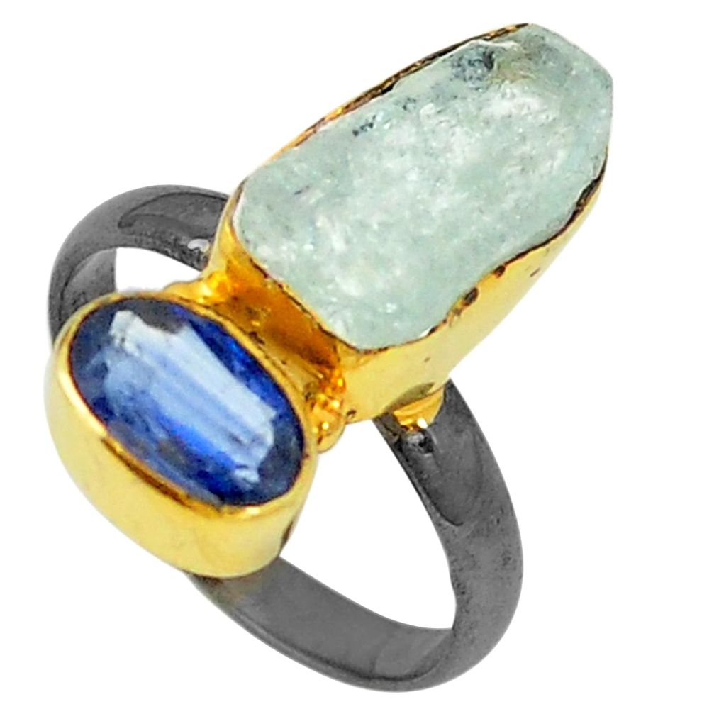 Natural aqua aquamarine rough rhodium 925 silver 14k gold ring size 8 d25789