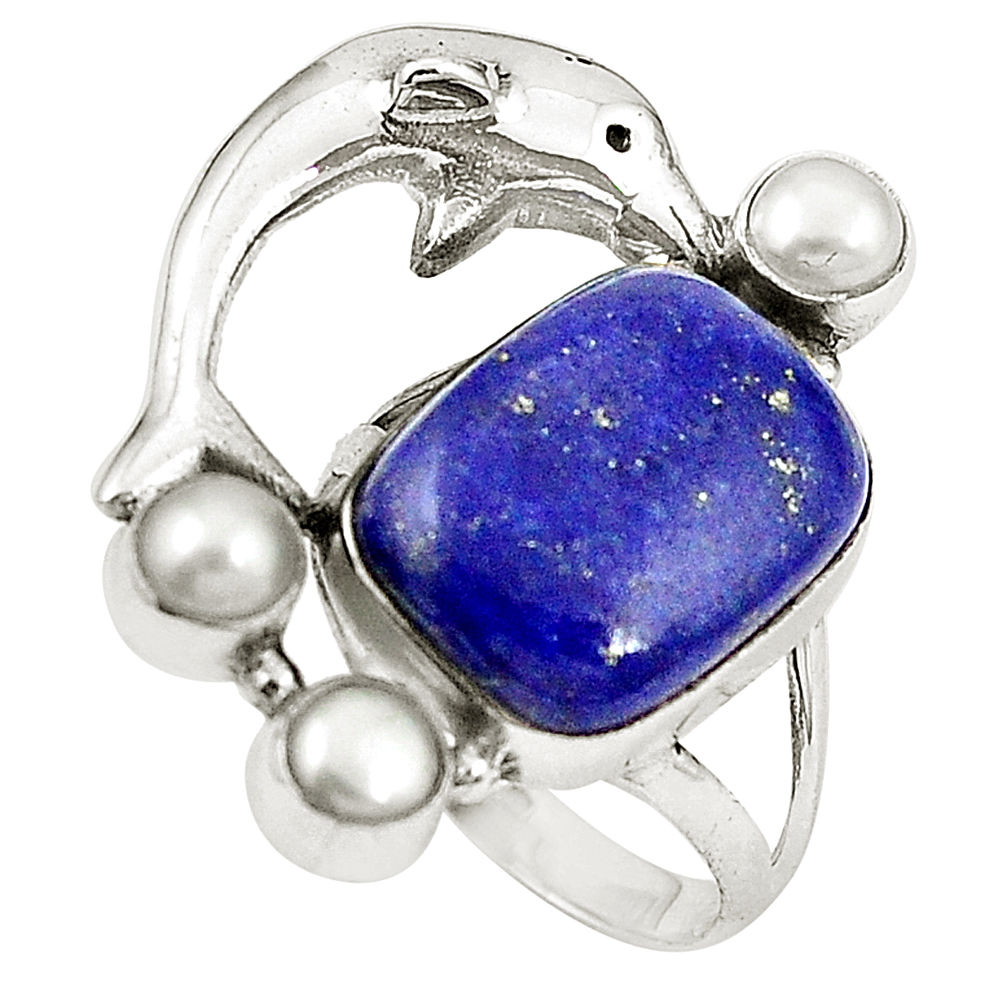 925 silver natural blue lapis lazuli white pearl dolphin ring size 7 d26088