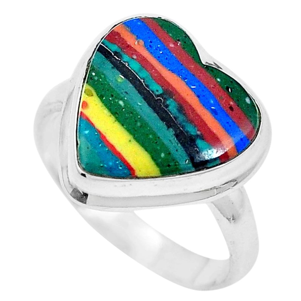 Natural multi color rainbow calsilica heart 925 silver ring size 9 d26555