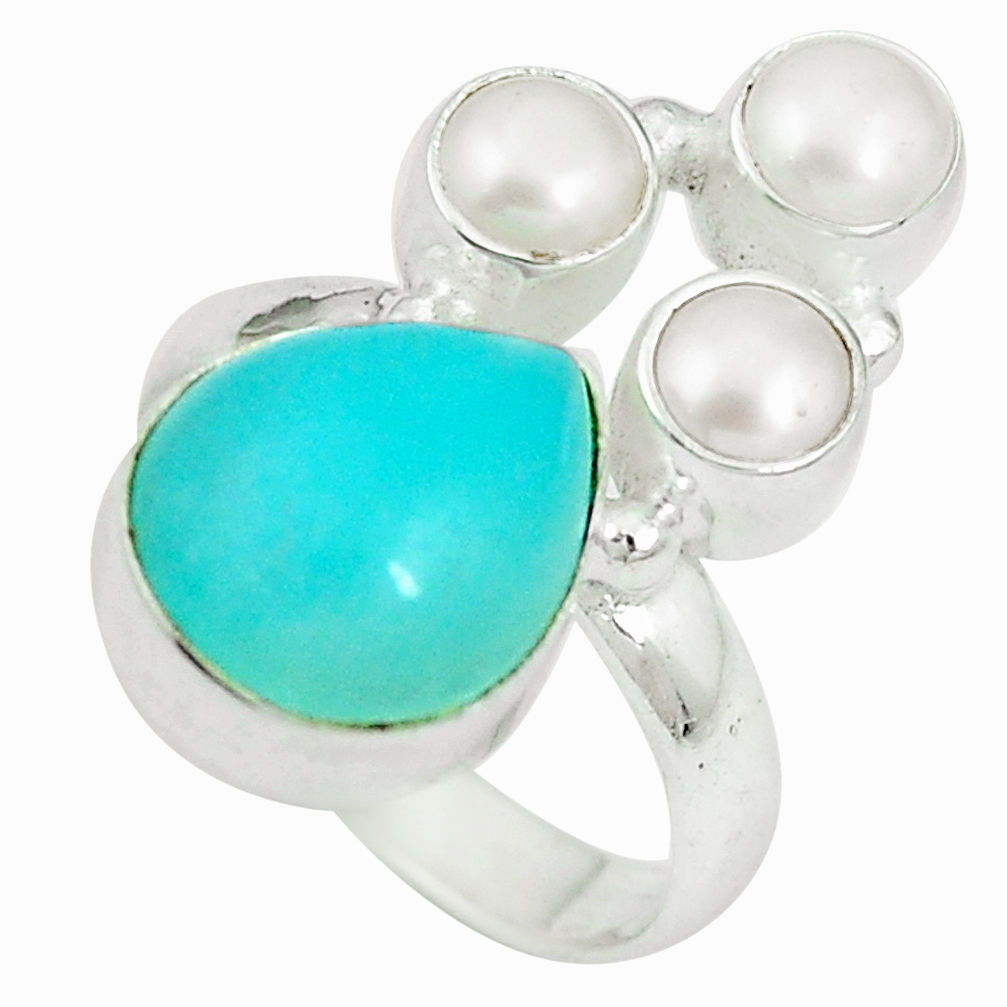 Natural green amazonite (hope stone) white pearl 925 silver ring size 6 d27149