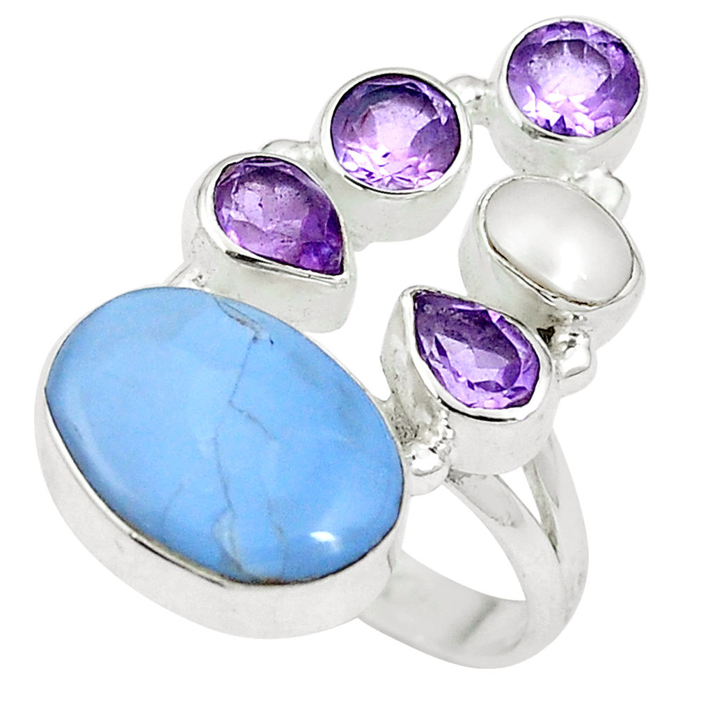 Natural blue owyhee opal amethyst pearl 925 silver ring size 7 d27241