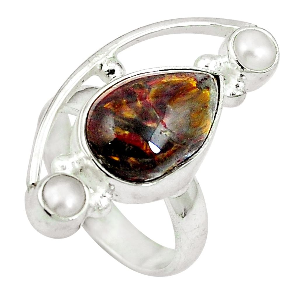 925 silver natural black pietersite (african) pearl ring size 5.5 d27245