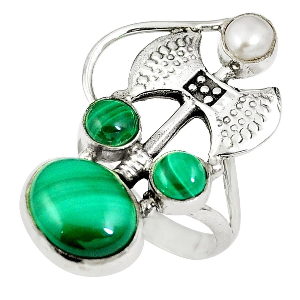 925 silver natural green malachite (pilot's stone) pearl ring size 6 d27250