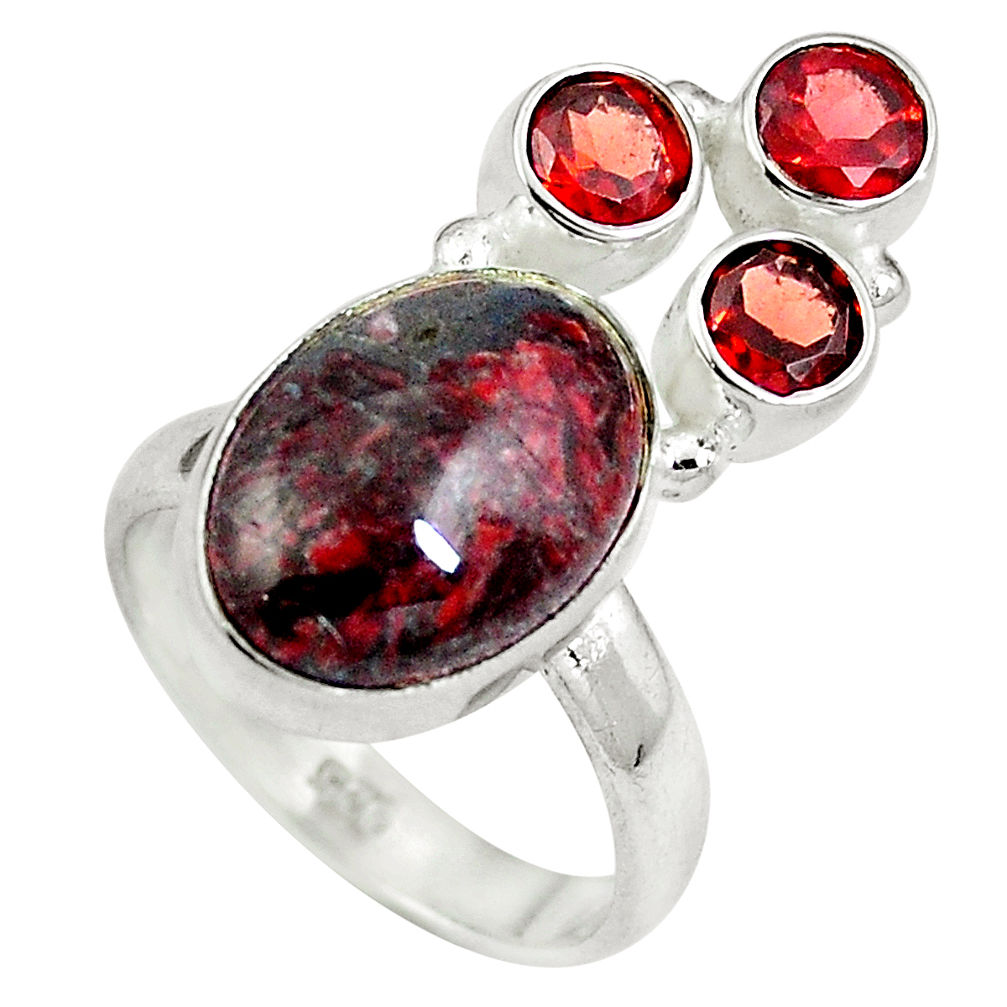 Natural black pietersite (african) red garnet 925 silver ring size 7 d27251