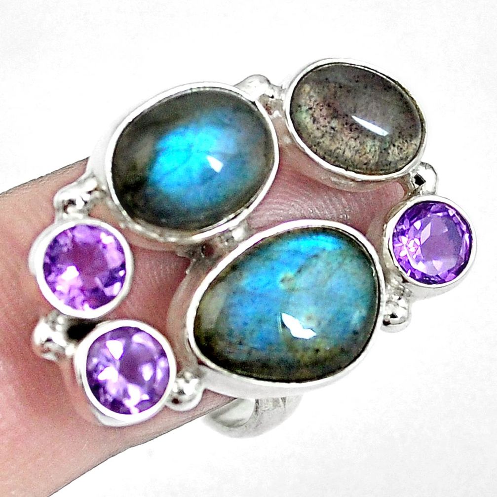 Natural blue labradorite amethyst 925 silver ring jewelry size 8 d27255