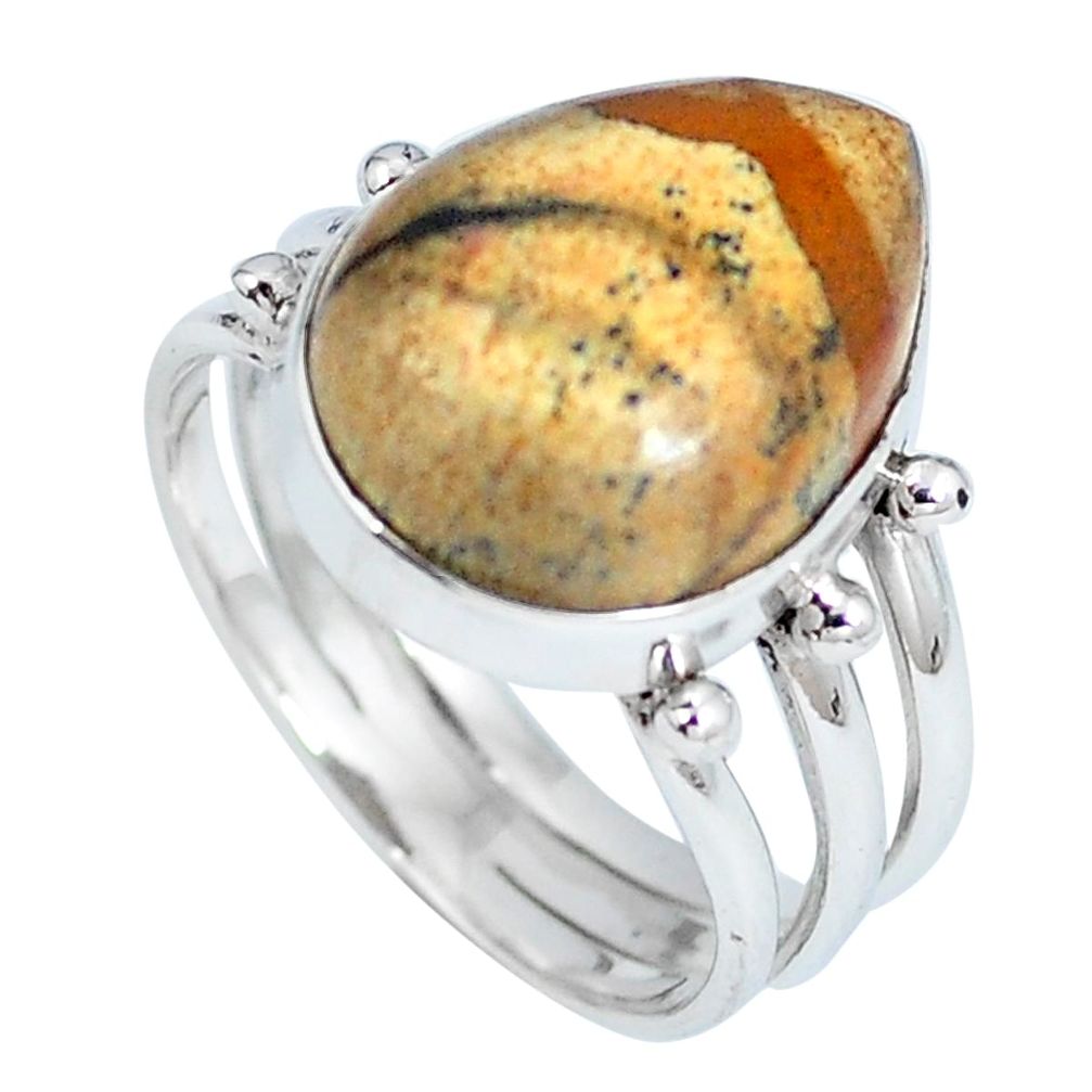 Natural brown picture jasper pear 925 sterling silver ring size 8.5 d27288
