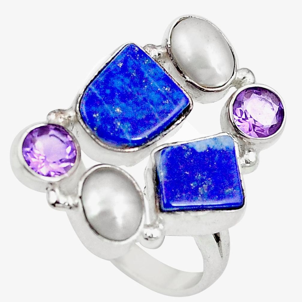 Natural blue lapis lazuli amethyst 925 silver ring size 8 d27342