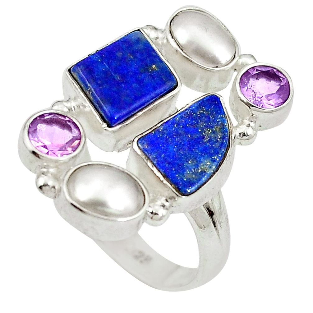 Natural blue lapis lazuli amethyst 925 silver ring jewelry size 8 d27355