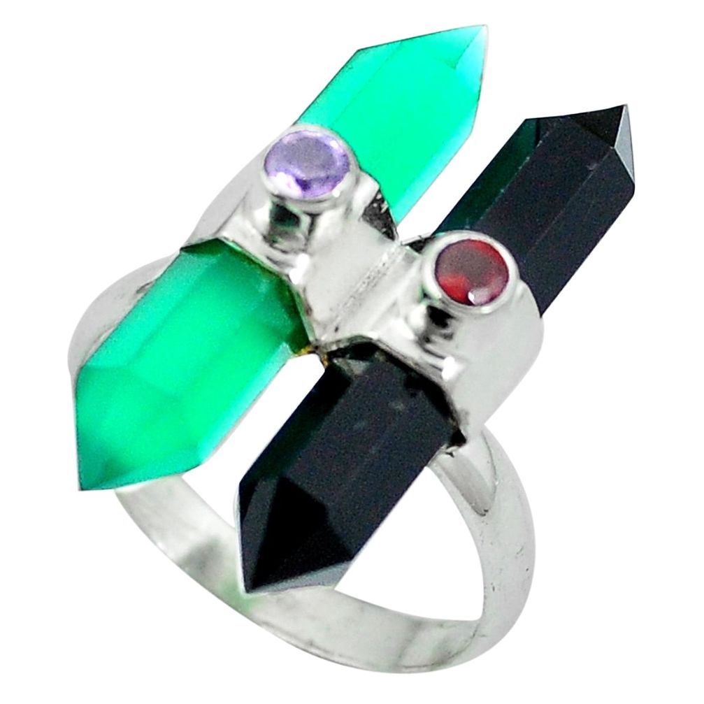Natural green chalcedony amethyst 925 silver ring size 7.5 d27404