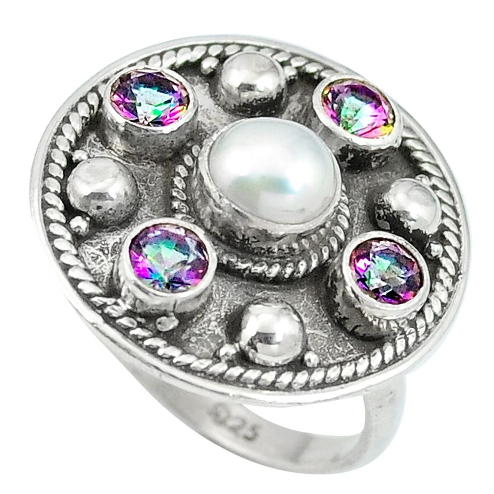 Natural white pearl rainbow topaz 925 sterling silver ring size 8 d27425