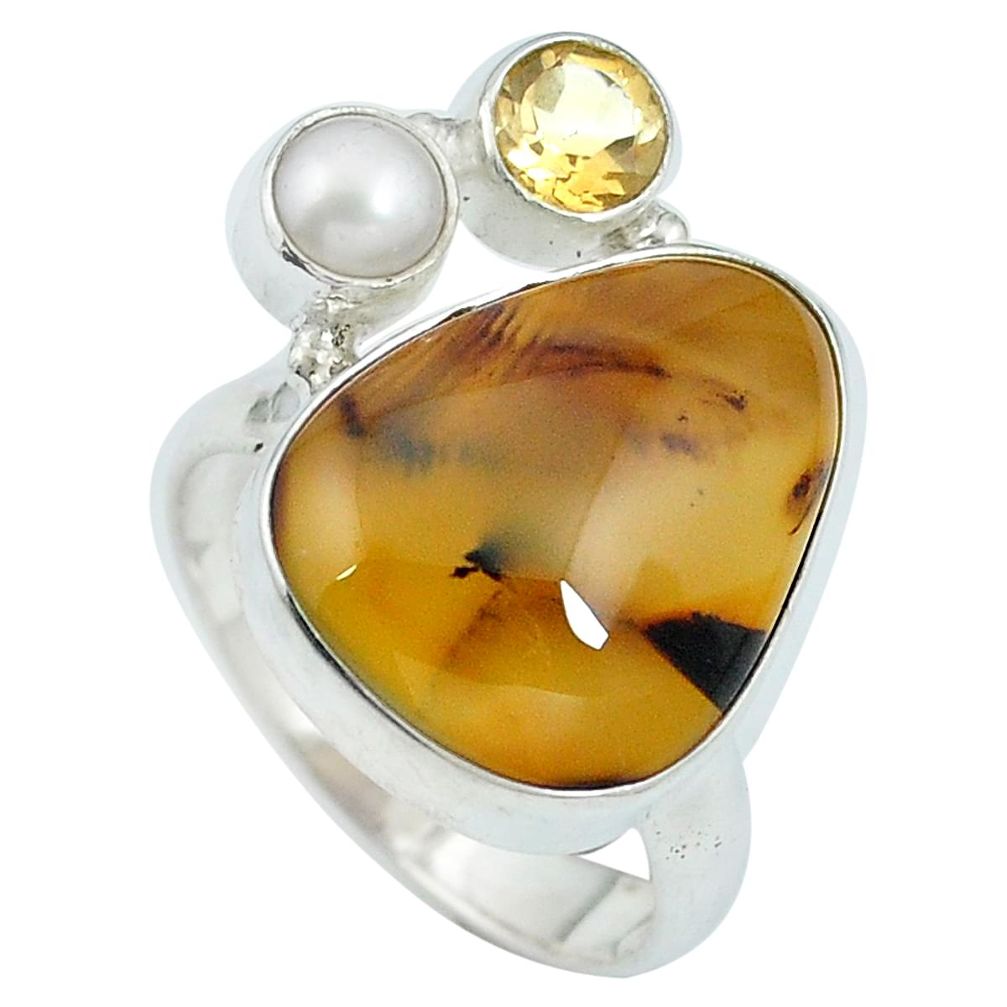 Natural yellow opal citrine pearl 925 sterling silver ring size 8.5 d27433