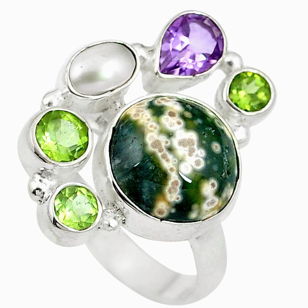 Natural green ocean sea jasper (madagascar) pearl 925 silver ring size 8 d27441