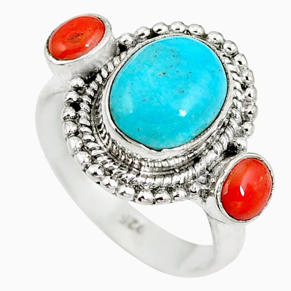 Natural green turquoise tibetan red coral 925 silver ring size 7 d27442