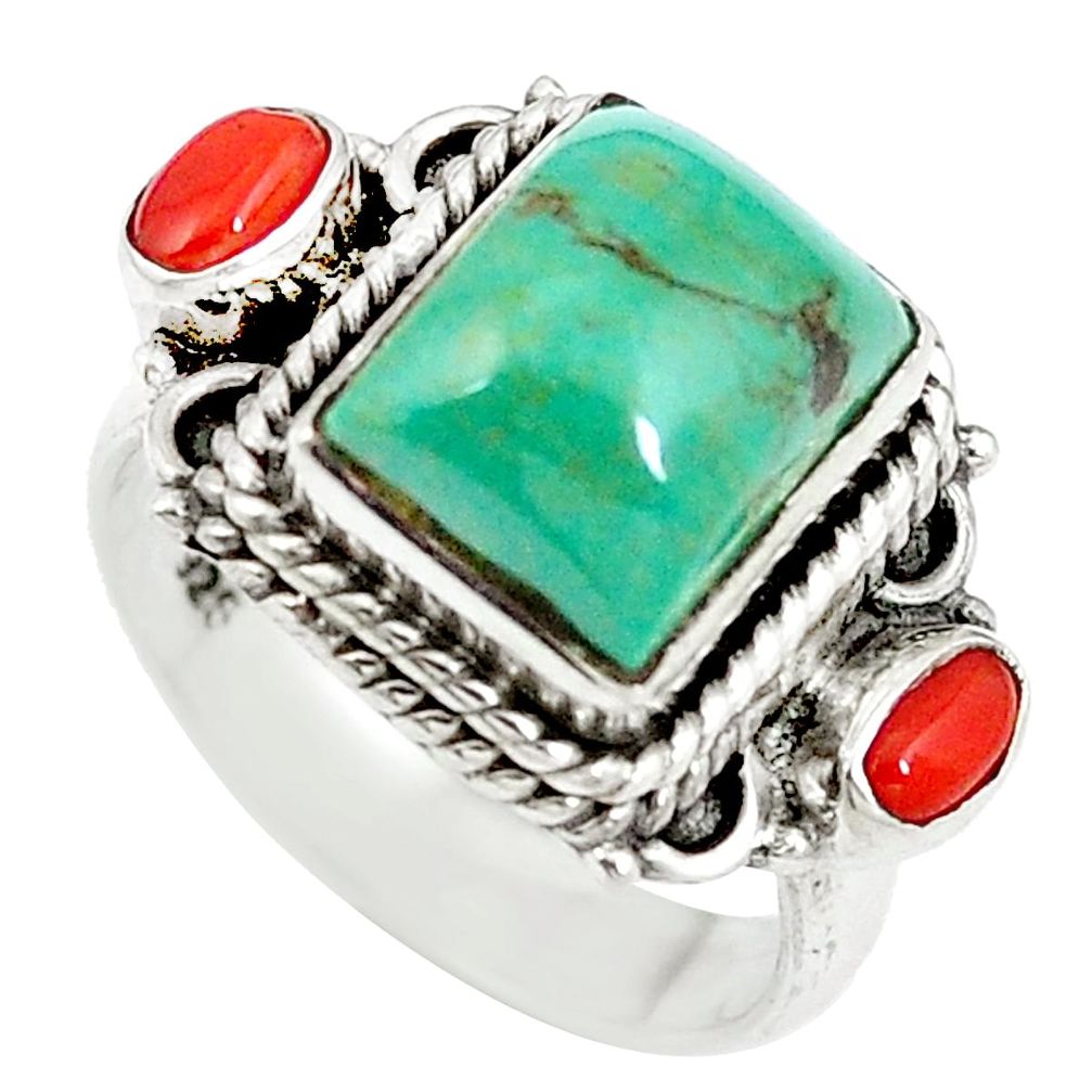 925 silver natural green turquoise tibetan red coral ring size 6 d27443