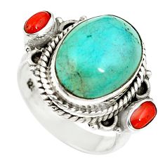 Natural green turquoise tibetan coral 925 silver ring size 5.5 d27445